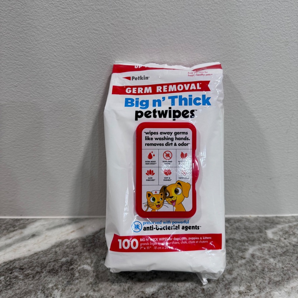 Petkin Germ Removal Big n Thick Petwipes 100 Count Antibacterial Dog Cat Wipes